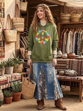 The Phluid Project New Tags Olive Green Floral Peace Sign Crewneck Hoodie Large